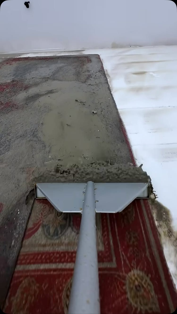 6 Aesthetic Cleaning Videos That Make Organizing Look Like Art 2 A metal squeegee scraping dirty grey water off a large red patterned rug outdoors.
