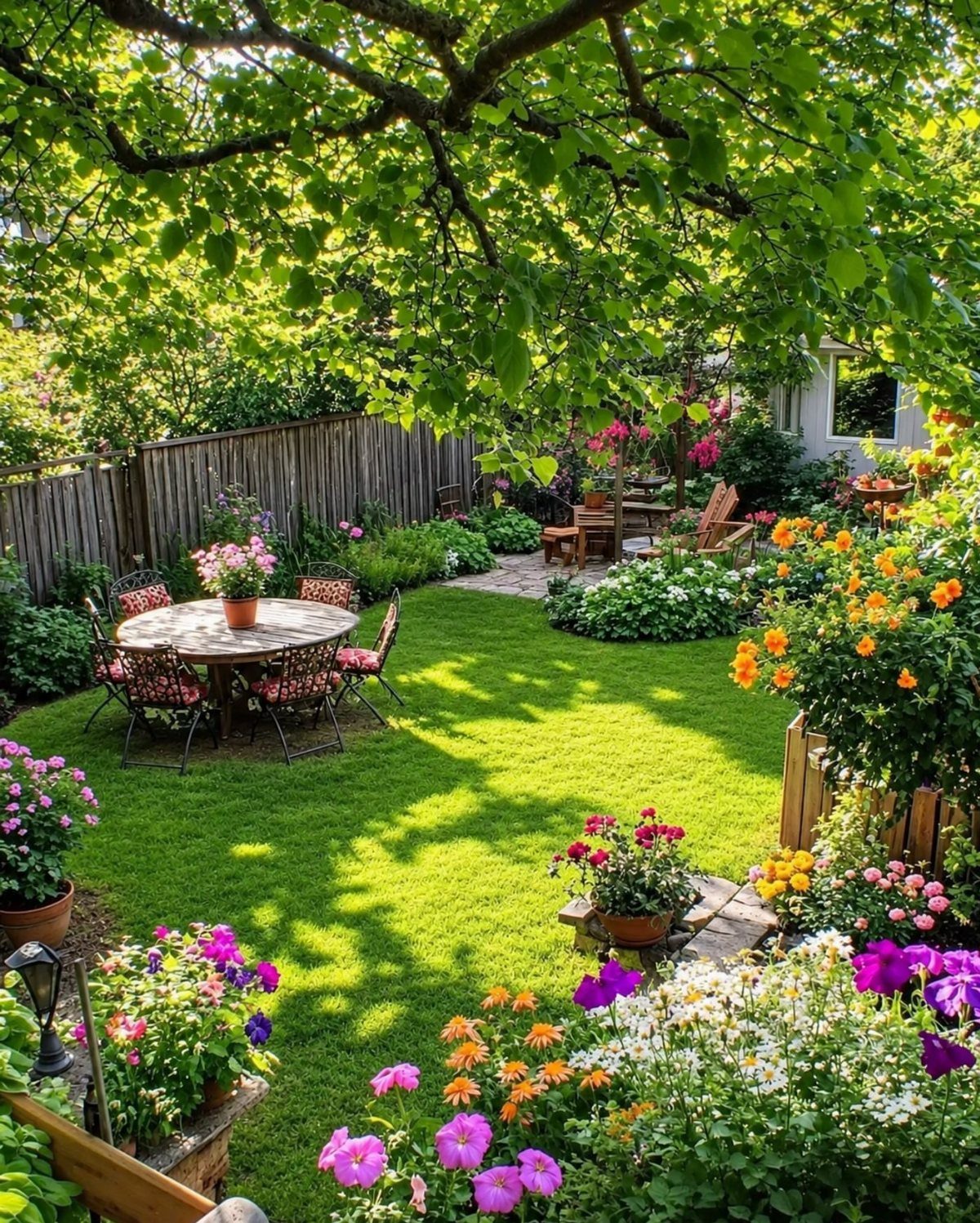 Vibrant flower beds with colorful blooms surround a green lawn and outdoor dining set.