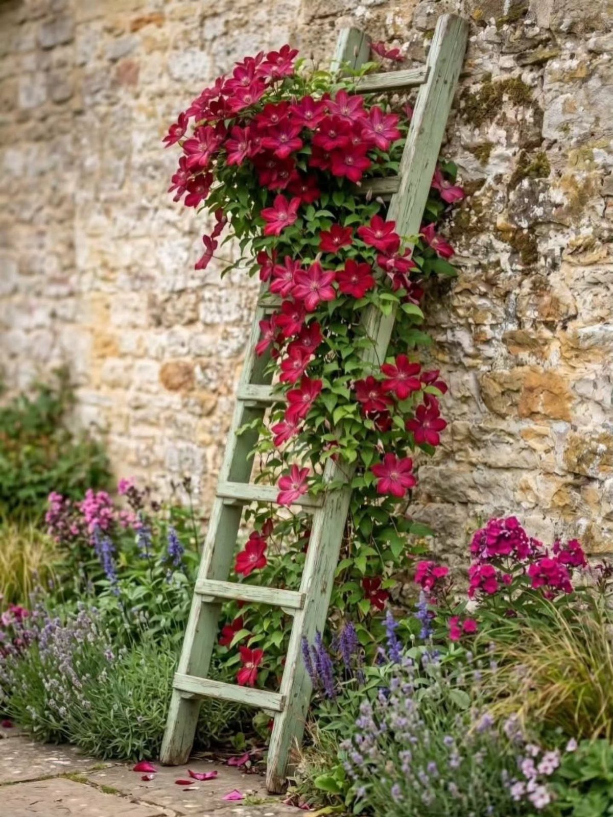 A green wooden ladder covered in vibrant pink clematis flowers leaning against a stone wall.