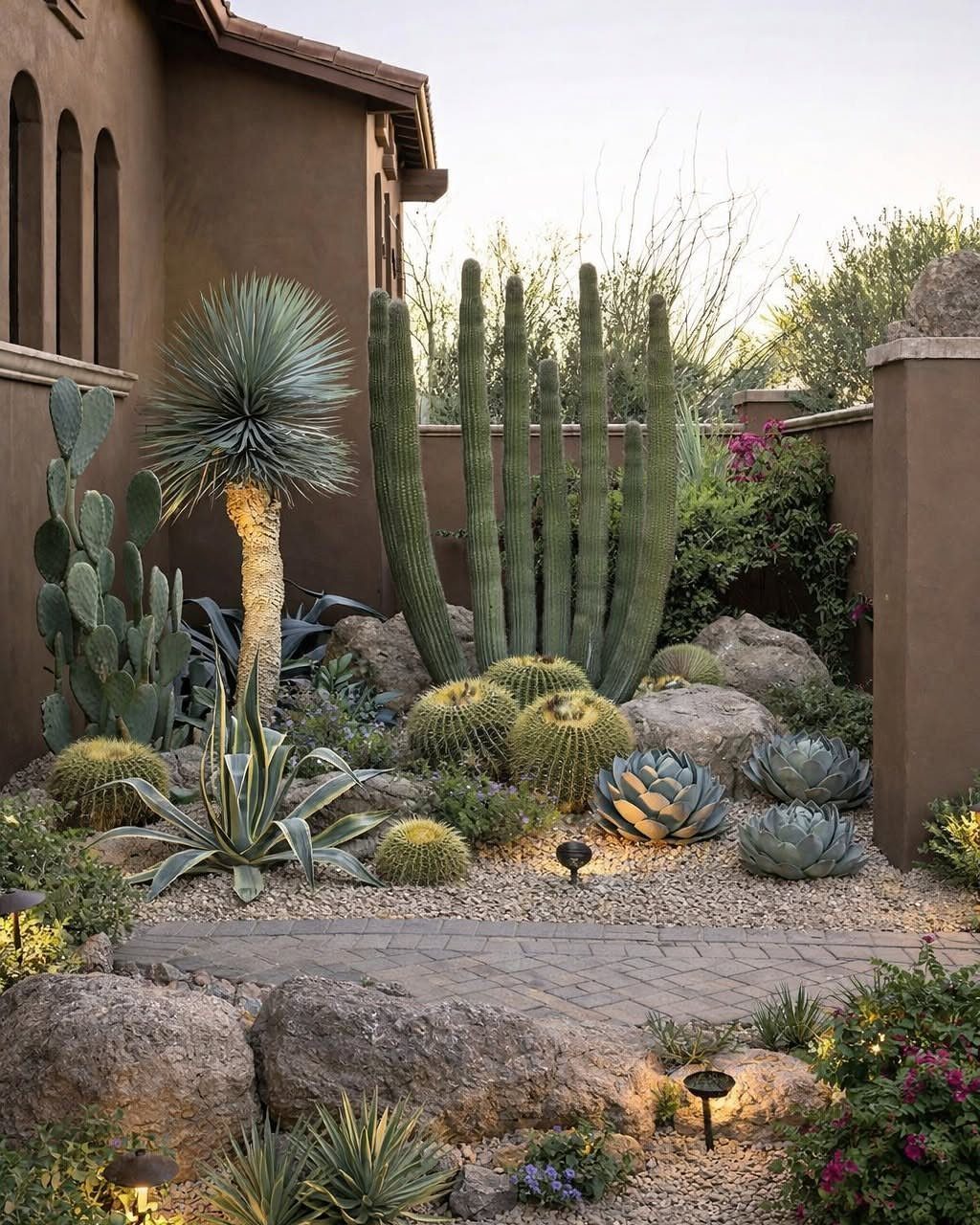 Desert garden with various cacti, succulents, and large rocks set in a gravel landscape.