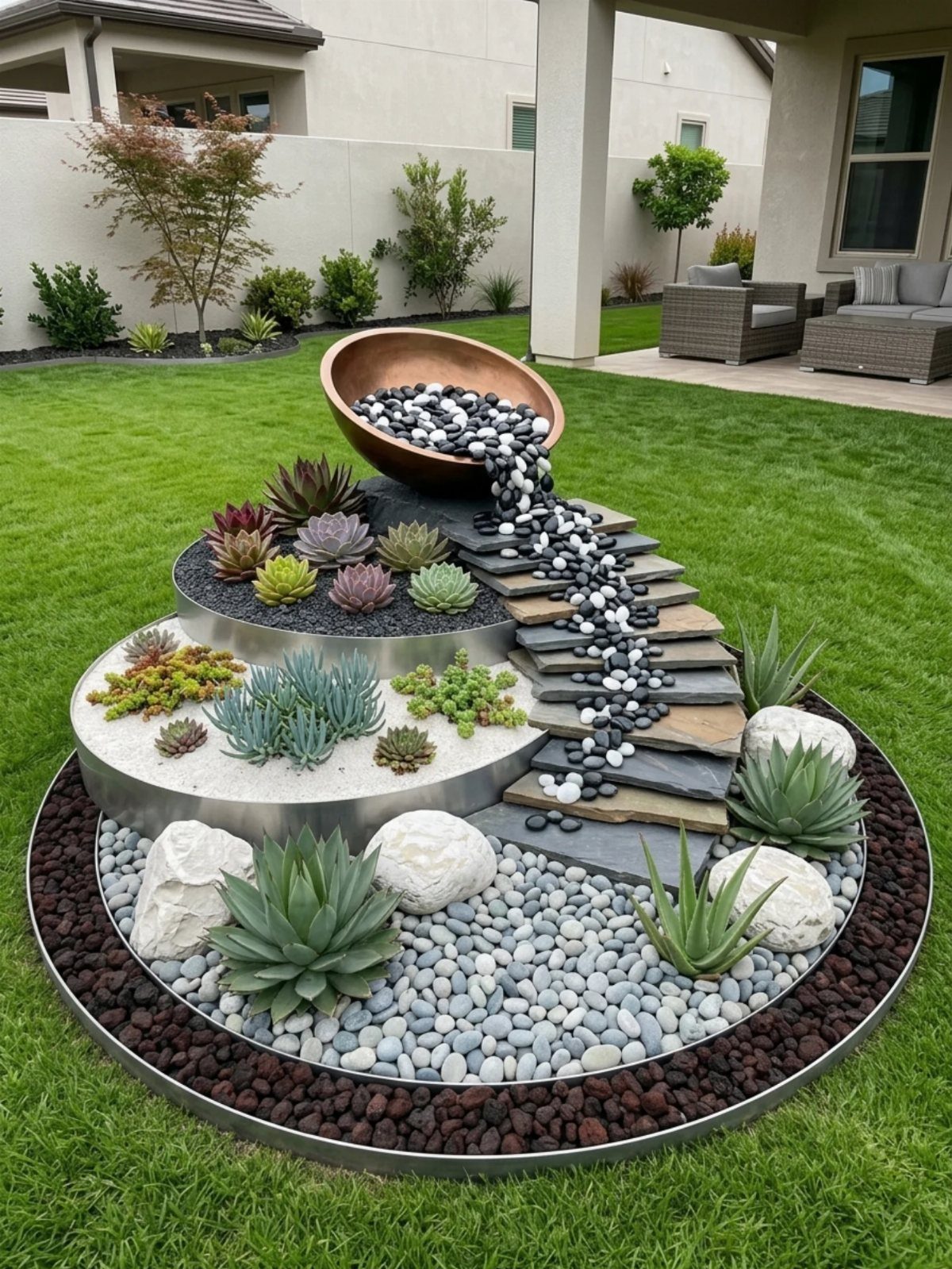A tiered circular garden bed filled with succulents, decorative stones, and large white rocks.