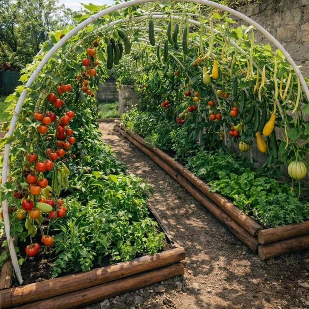 Lush raised garden beds with an arched trellis growing tomatoes, cucumbers, and squash.
