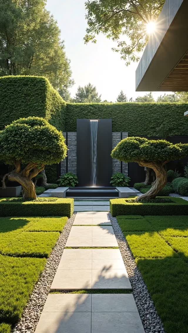 A symmetrical formal garden with a central waterfall, manicured hedges, and a stone pathway.