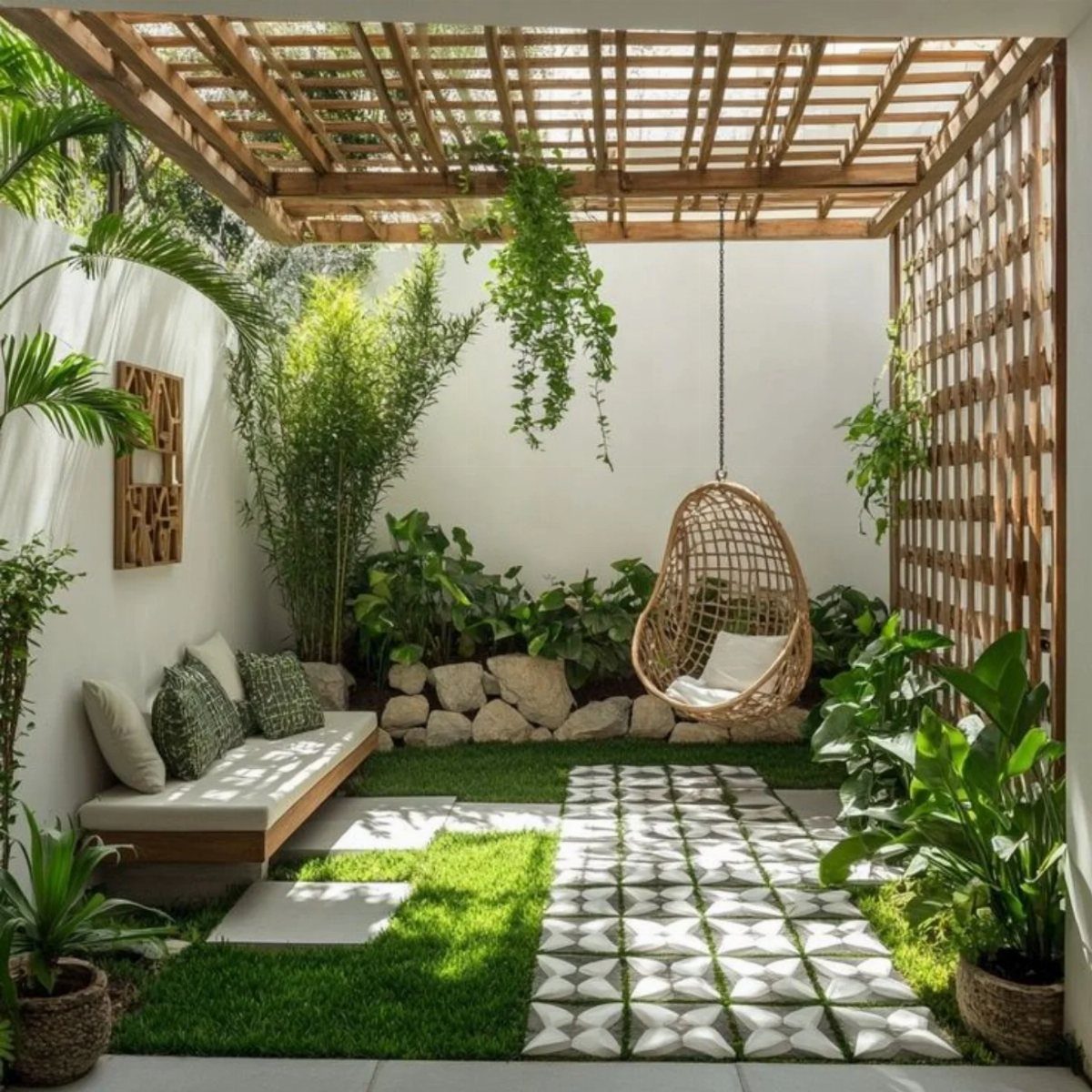 A cozy courtyard garden with a hanging egg chair, wooden pergola, and lush green plants.
