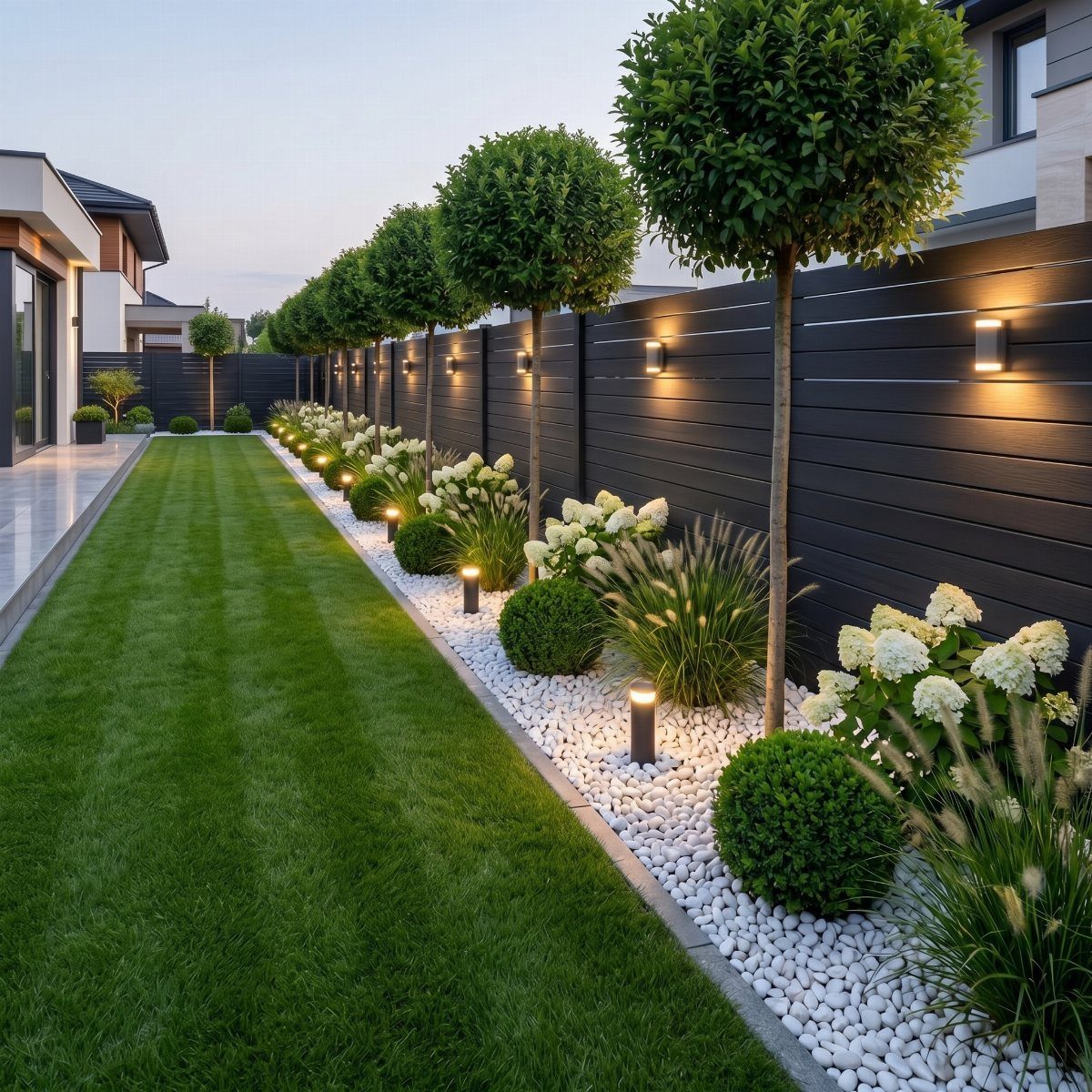 Manicured backyard with green lawn, white pebbles, small trees, and wall lights on a dark fence.