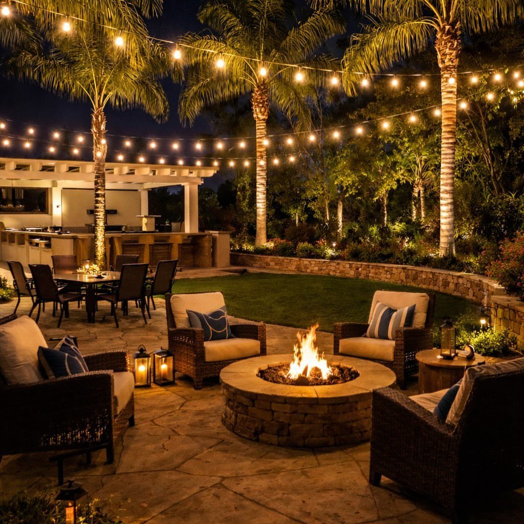 Outdoor patio at night with a stone fire pit, lounge chairs, and glowing string lights overhead.