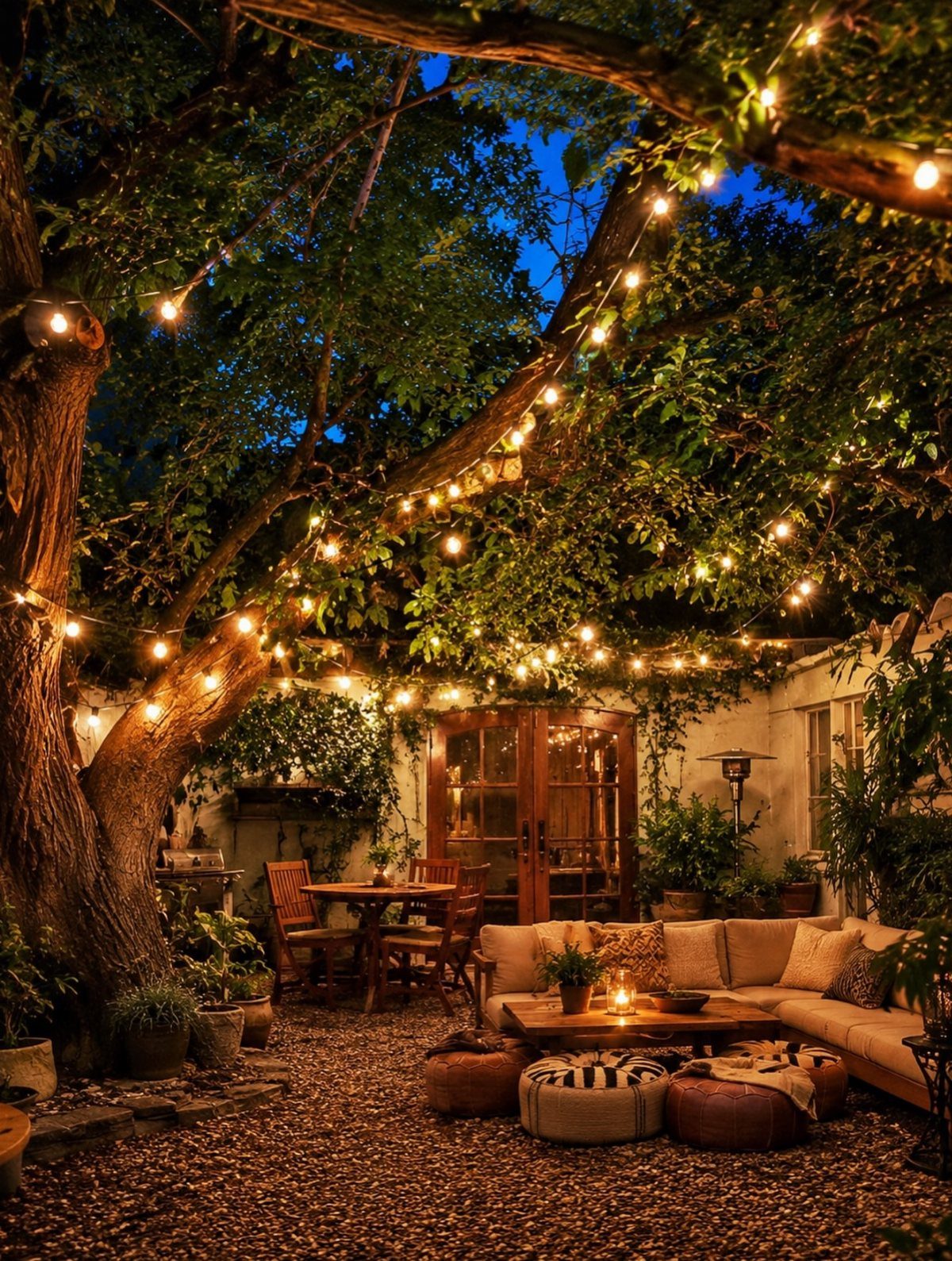Warm string lights hanging from tree branches over a cozy outdoor patio with seating and plants.