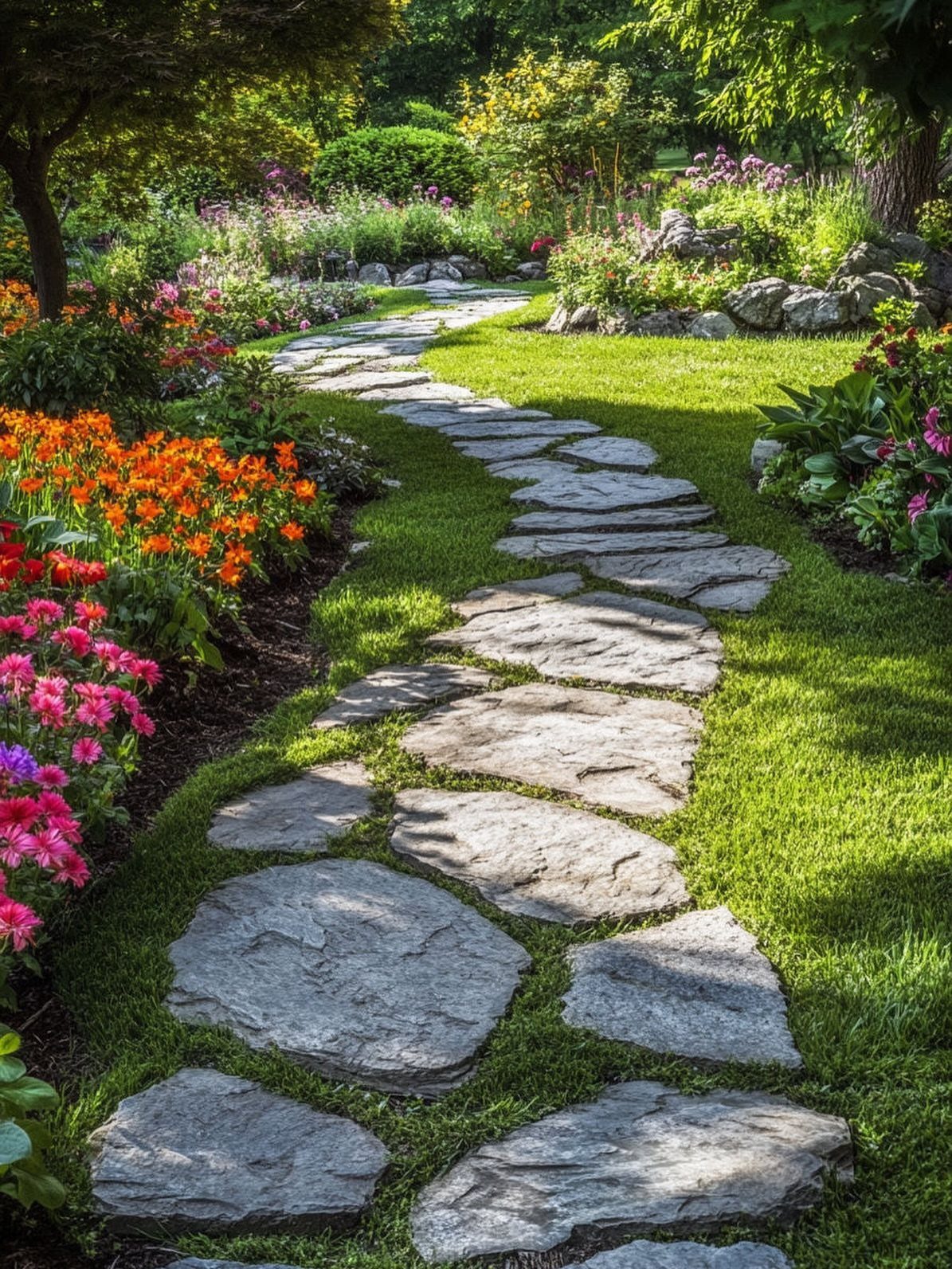 A winding stone flagstone pathway curves through a lush green lawn and vibrant flower beds.