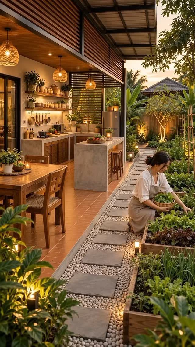 A woman tending to wooden raised garden beds next to a stone pathway and outdoor kitchen.