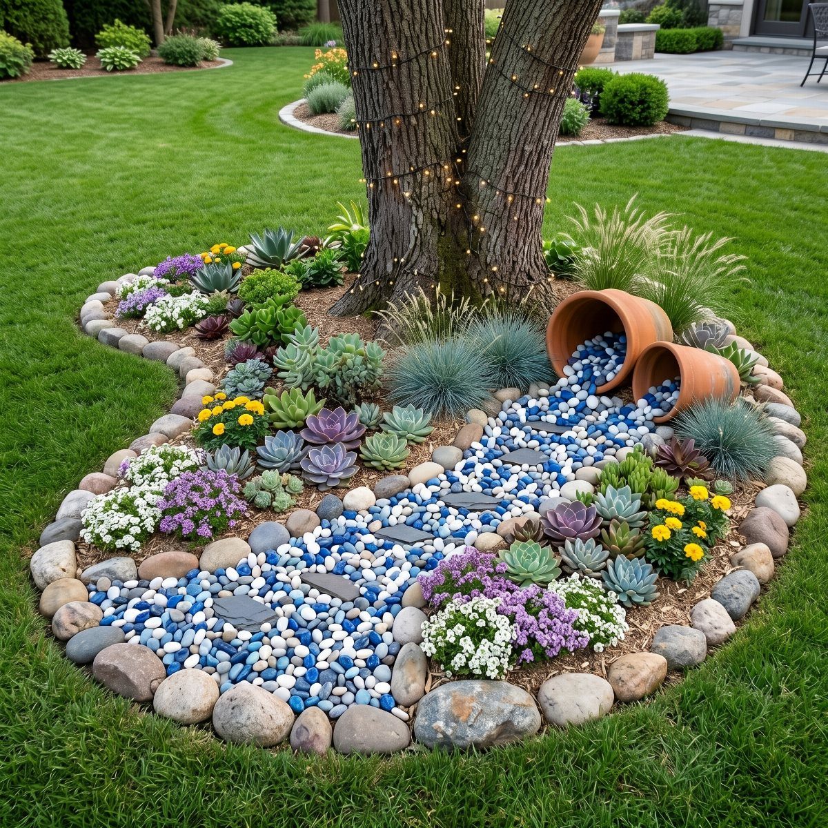 A kidney-shaped garden bed with blue pebbles, succulents, and flowers bordered by large river stones around a tree.