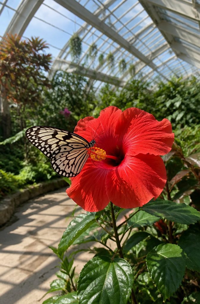 Tropical vivarium at the Museum of Natural History with butterflies and plants.