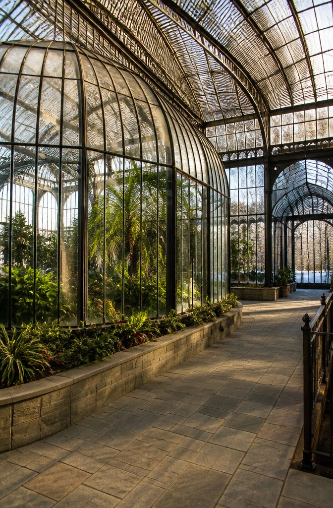 Intricate iron and glass architecture of a historic conservatory.