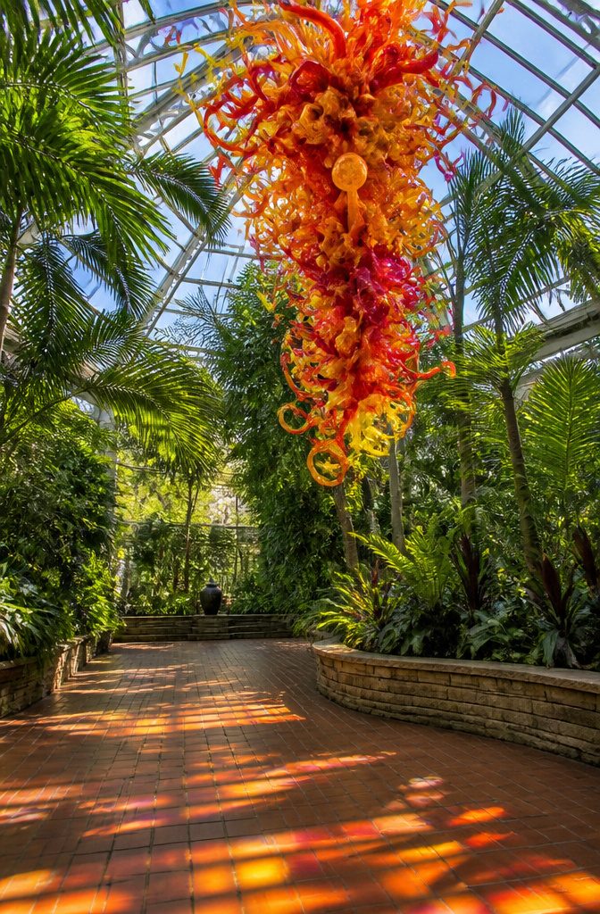 Palm House at Franklin Park Conservatory with glass art installations.