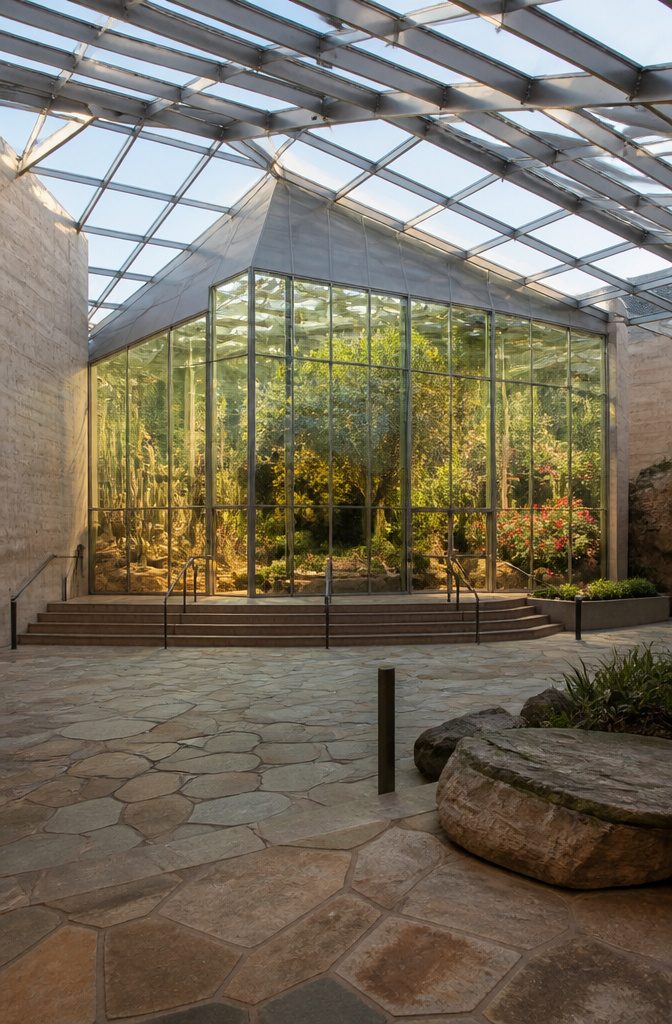 Interior view of the Global Flora Conservatory with various plants in three biomes.