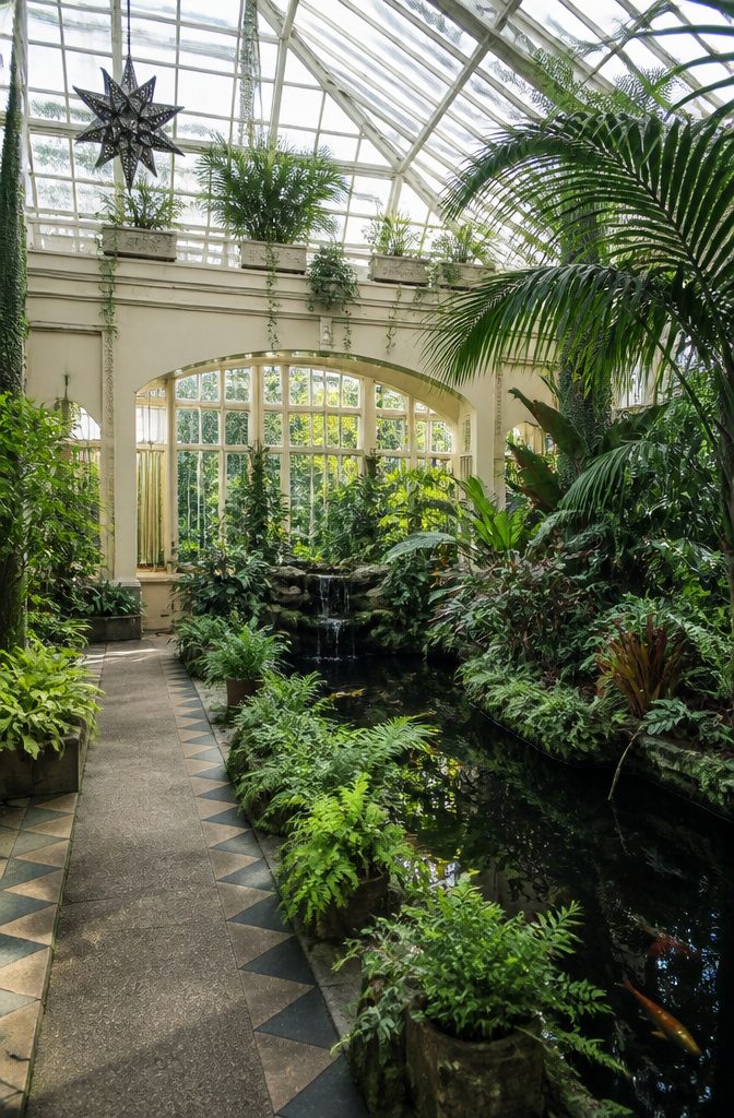 Interior view of Krohn Conservatory featuring lush greenery and a tranquil pond.