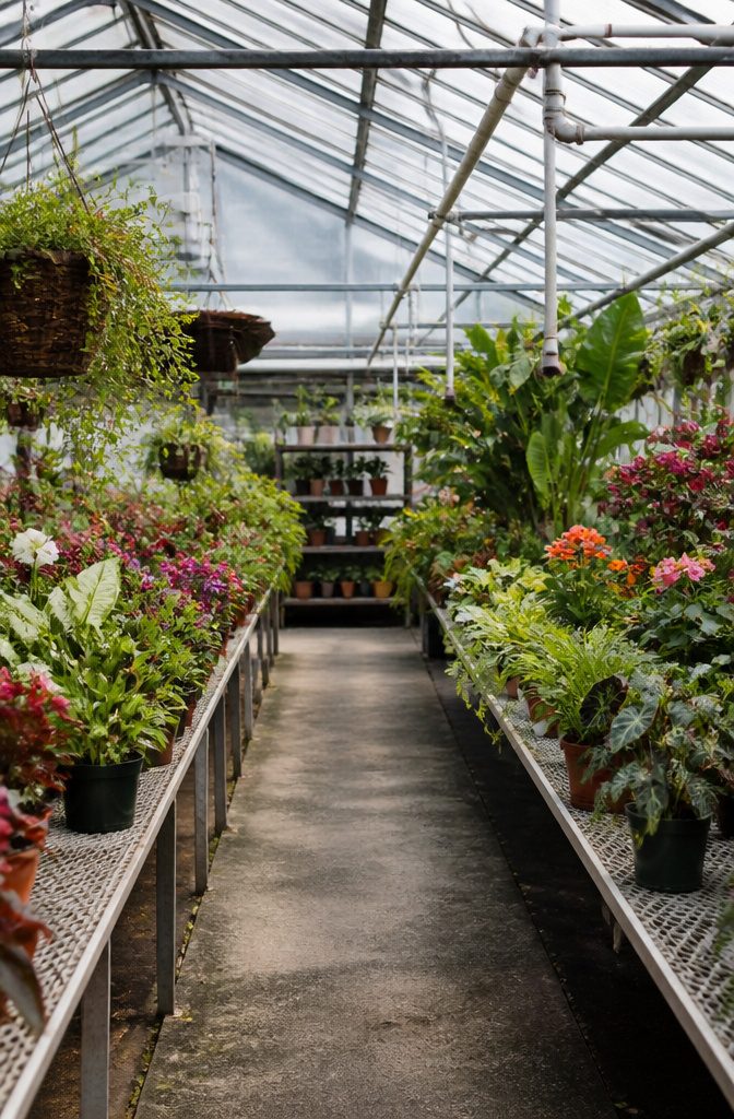 Rows of exotic tropical plants in Logee's Greenhouses.