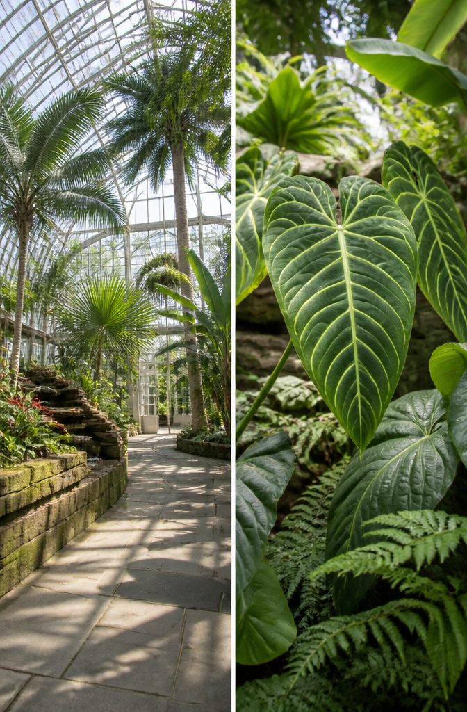 Interior view of Lyman Conservatory filled with a variety of plant species.
