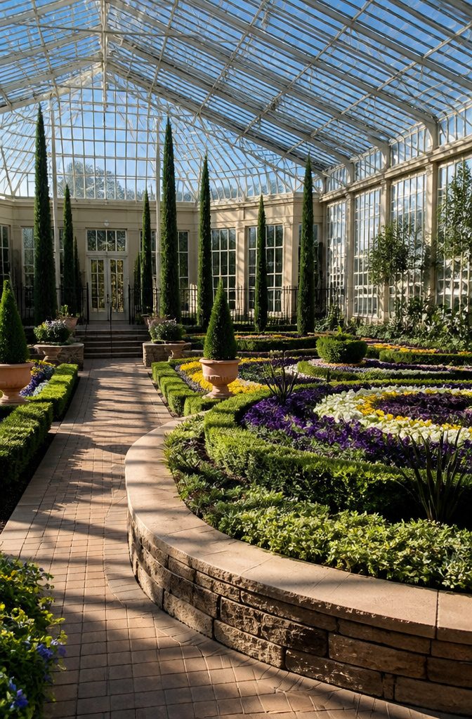 Sunken garden room at Marjorie McNeely Conservatory with seasonal flower displays.