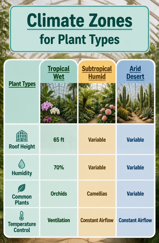 Chart displaying climate zones for various plant types in conservatories.