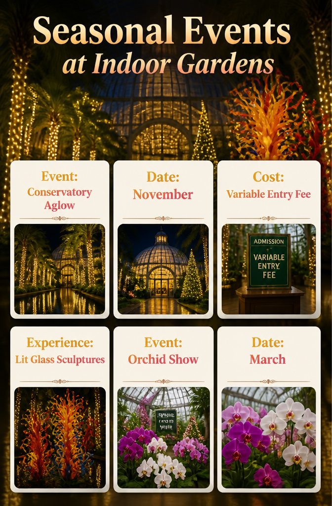Event schedule highlighting seasonal shows at various indoor gardens.