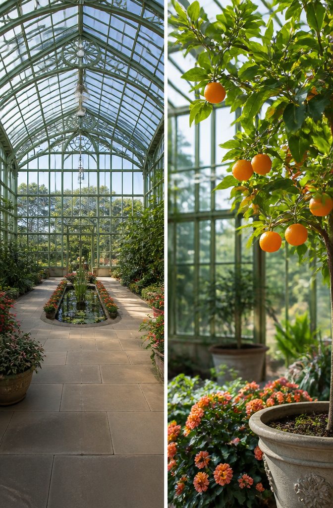 Corbin Conservatory at Stan Hywet Hall showcasing citrus and tropical plants.
