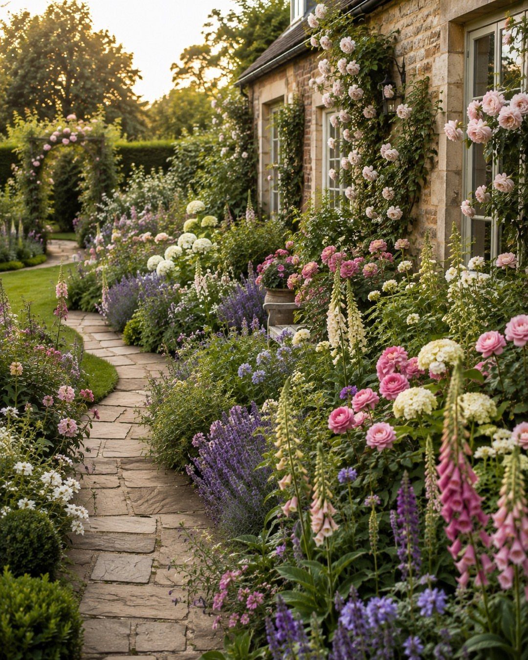 A winding stone path curves through a lush garden filled with colorful blooming flowers and shrubs.