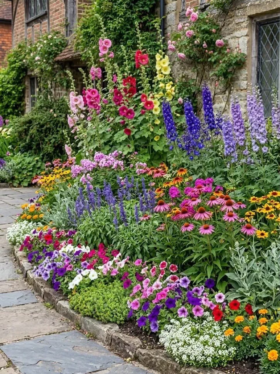 Colorful flower border with various blooming plants along a stone path and cottage wall.