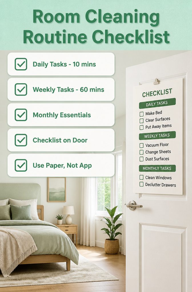 Clean Up Room Checklist: Daily, Weekly, Monthly & Deep Cleaning Tasks 6 An information image titled 'Room Cleaning Routine Checklist'.