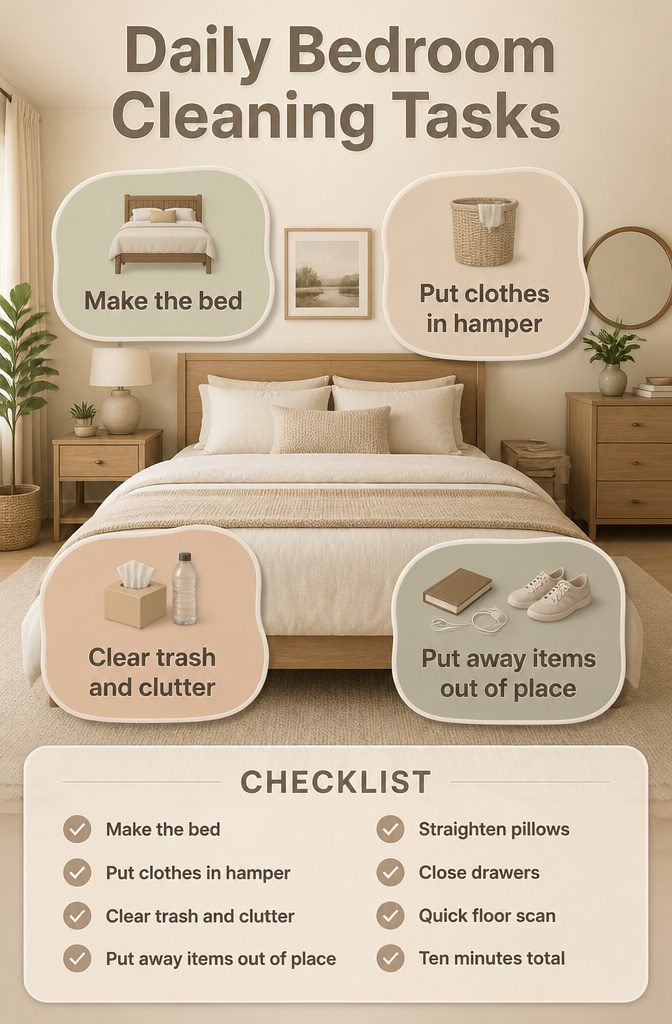 Clean Up Room Checklist: Daily, Weekly, Monthly & Deep Cleaning Tasks 1 An information image titled 'Daily Bedroom Cleaning Tasks'.