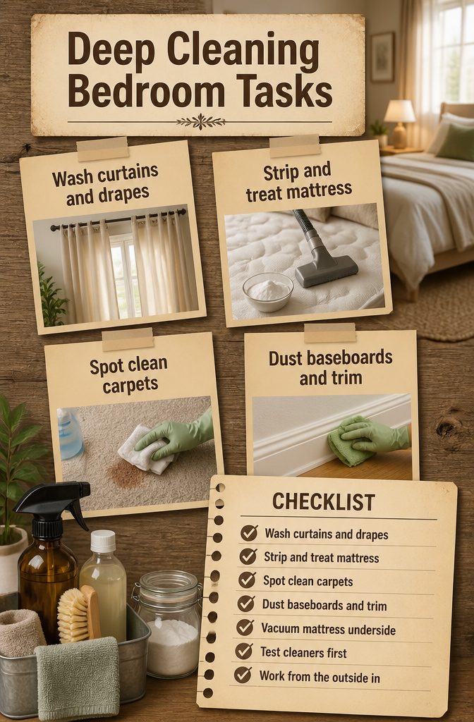 Clean Up Room Checklist: Daily, Weekly, Monthly & Deep Cleaning Tasks 4 An information image titled 'Deep Cleaning Bedroom Tasks'.