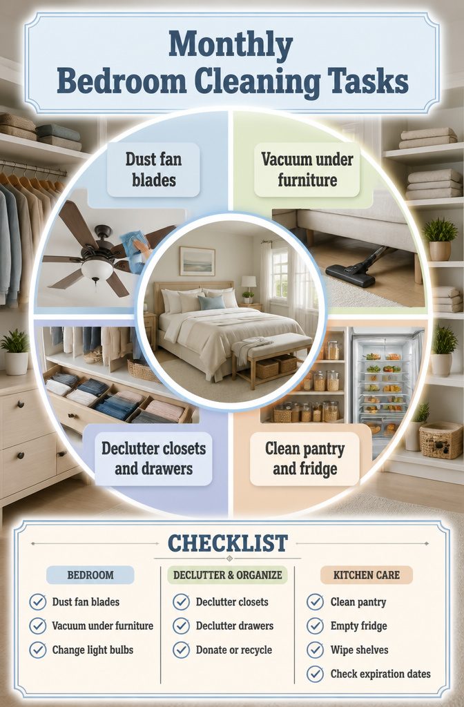 Clean Up Room Checklist: Daily, Weekly, Monthly & Deep Cleaning Tasks 3 An information image titled 'Monthly Bedroom Cleaning Tasks'.