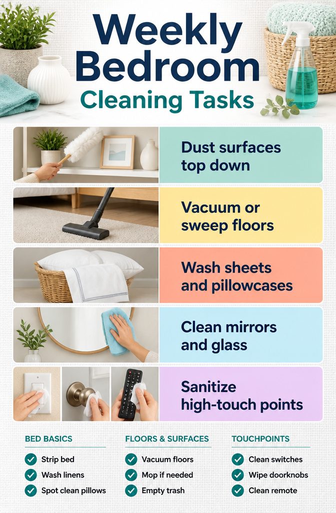 Clean Up Room Checklist: Daily, Weekly, Monthly & Deep Cleaning Tasks 2 An information image titled 'Weekly Bedroom Cleaning Tasks'.