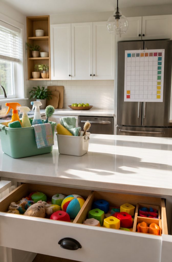 A family-oriented kitchen with cleaning supplies and a chore chart.