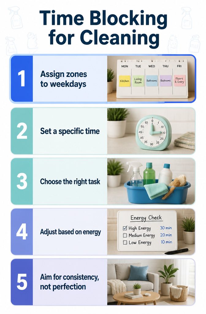 An information image titled 'Time Blocking for Cleaning'.
