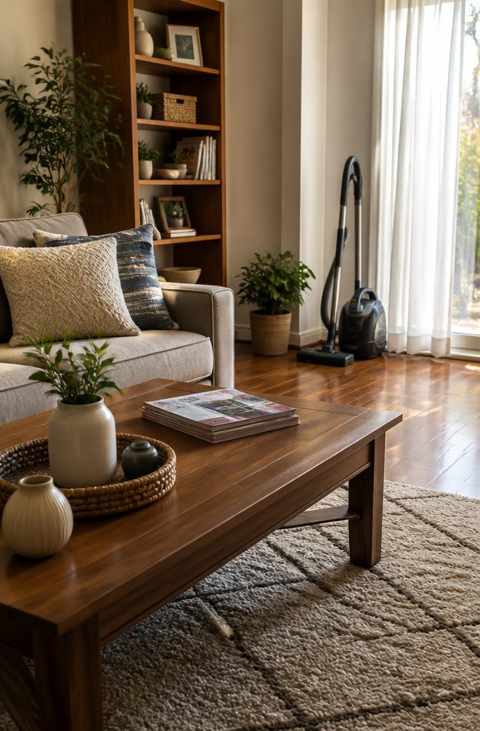 A cozy living room with a tidy sofa and organized decor.