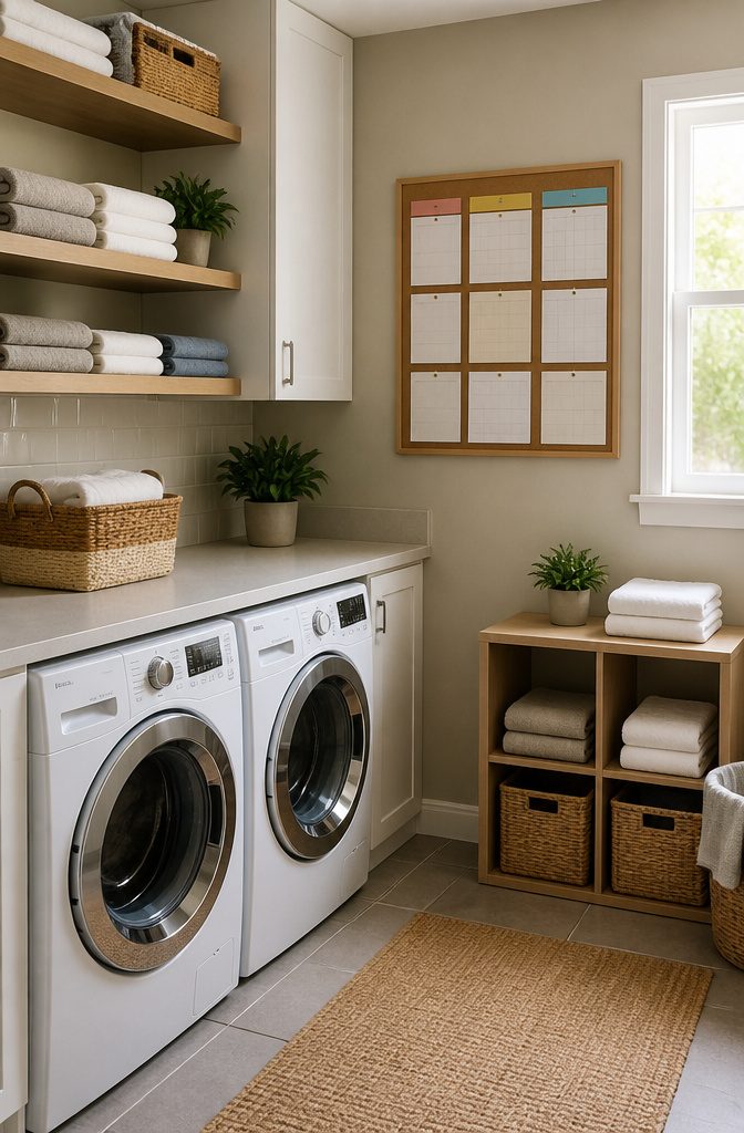 A well-organized laundry area with a schedule for tasks.