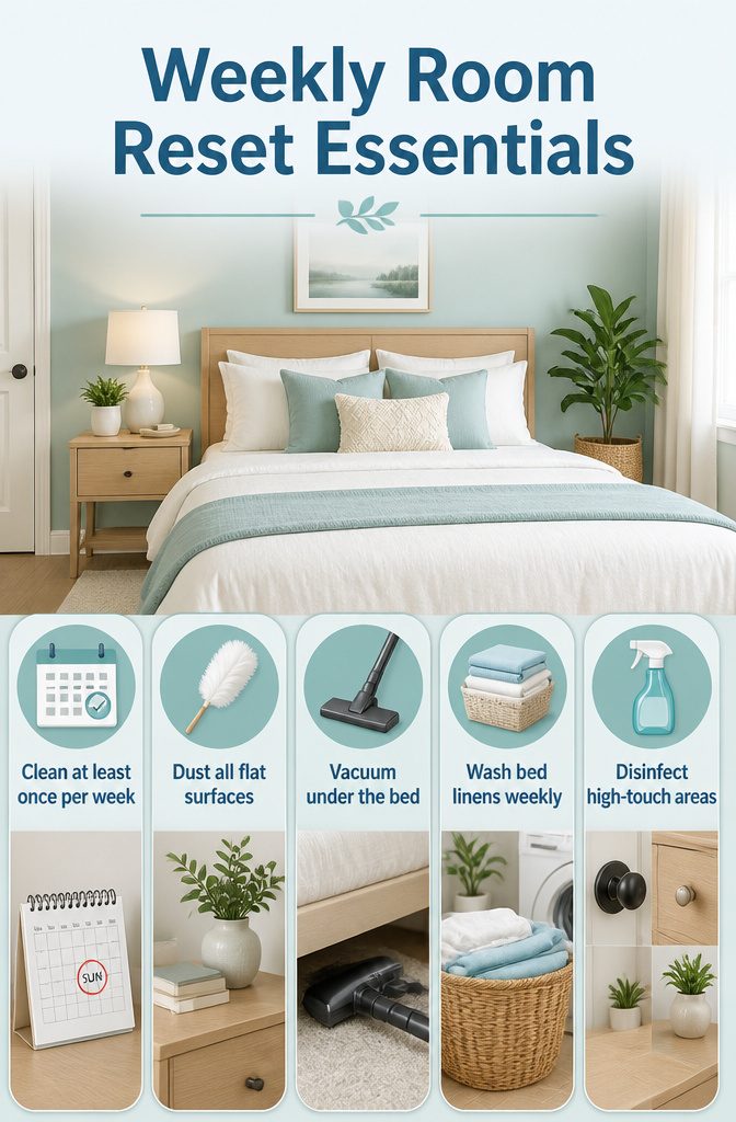 An image showing weekly room reset essentials for cleaning.