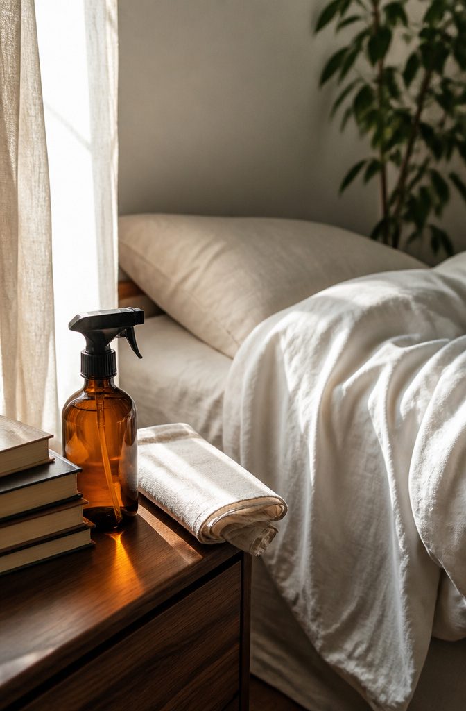 A vintage spray bottle and a neatly folded top sheet on a nightstand.