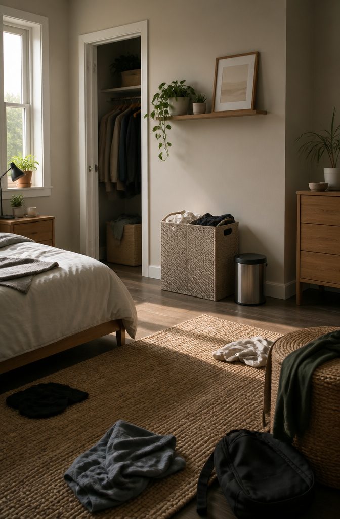 A split hamper and a small trash can in a bedroom.