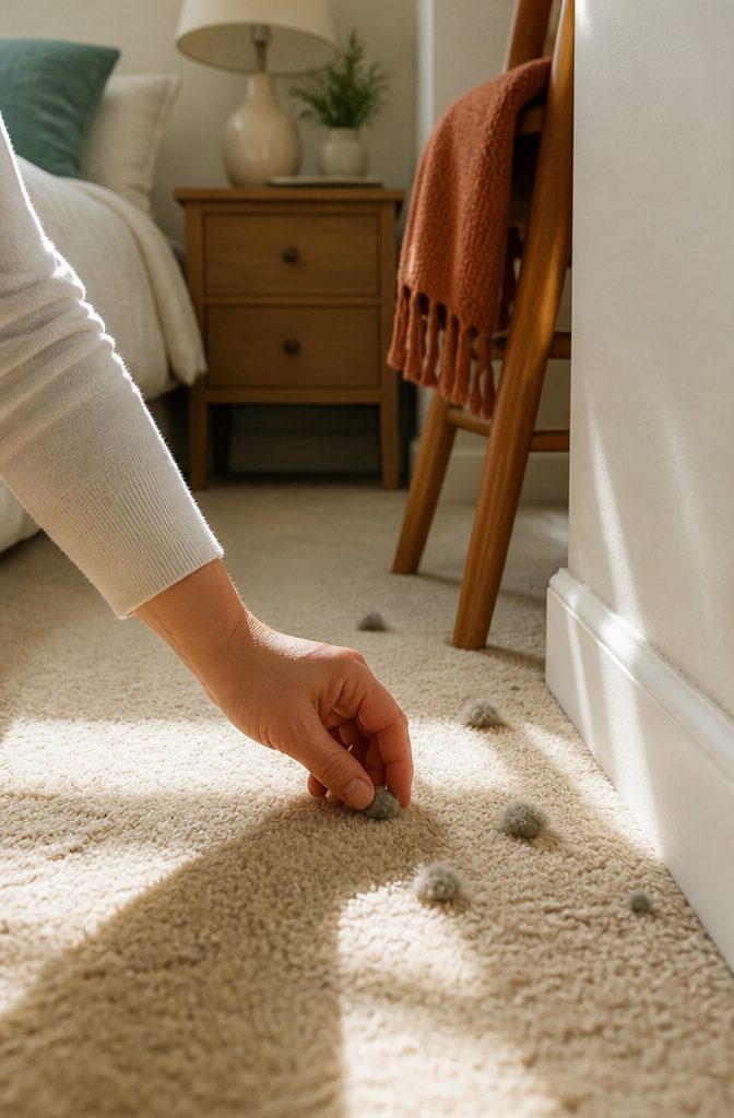 A hand picking up dust bunnies from a plush carpet.