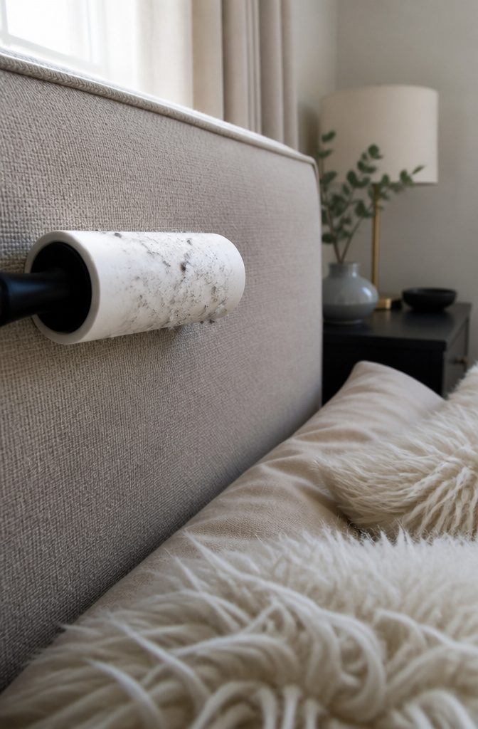 A lint roller in use on a textured fabric headboard.
