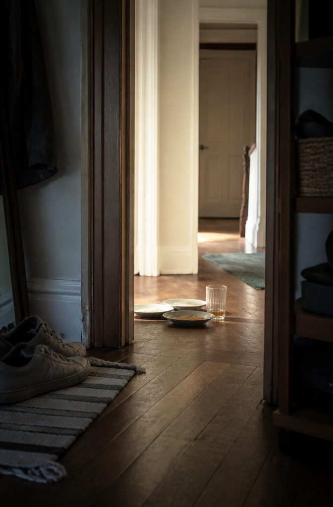 Half-eaten plates and glasses staged on the floor in a doorway.