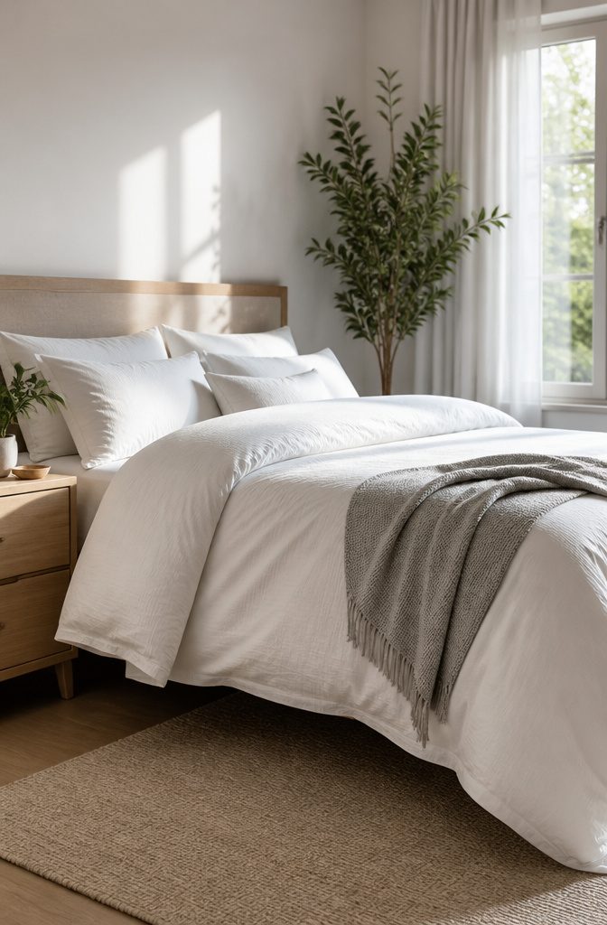 A made bed with white linens and a light gray throw.