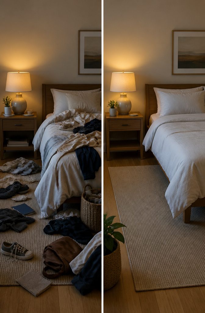 A clean bedroom with a straightened bed and organized nightstand.