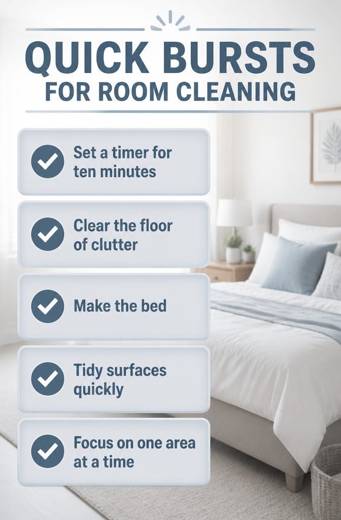 An image illustrating quick bursts for room cleaning with a timer.