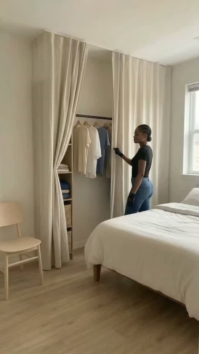 A woman stands by a bedroom closet partitioned by long cream curtains with hanging clothes.