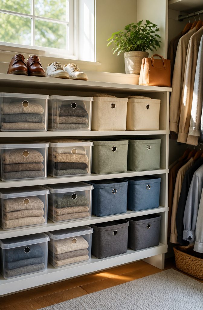 9 Clothing Storage Options for a More Organized Closet 4 A collection of clear bins and fabric baskets on a closet shelf.