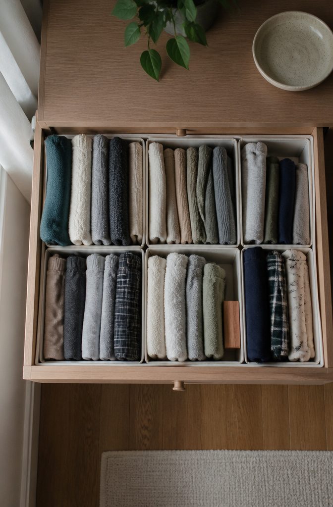 9 Clothing Storage Options for a More Organized Closet 3 Folded clothes arranged upright in a drawer using the file folding method.