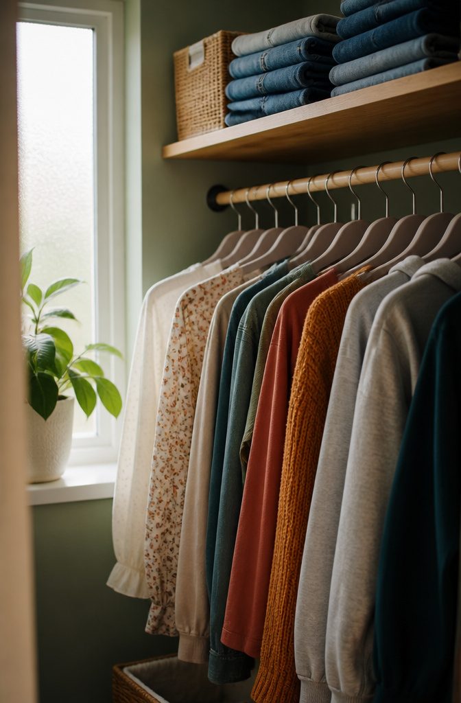 9 Clothing Storage Options for a More Organized Closet 2 A row of slim velvet hangers holding various garments in an organized closet.