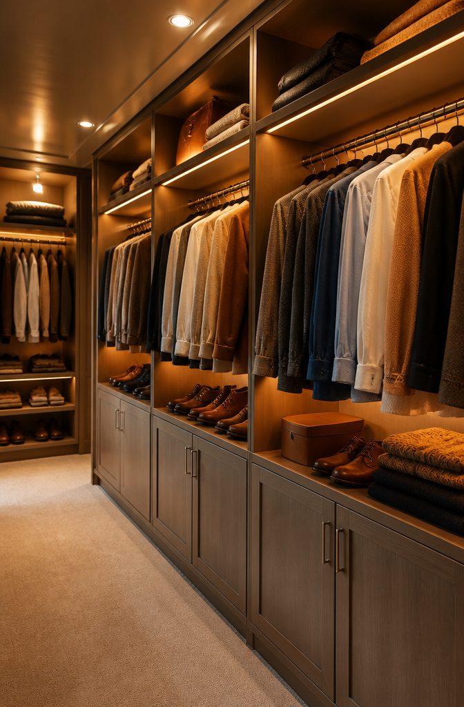 9 Clothing Storage Options for a More Organized Closet 9 LED lights installed in a closet illuminating the garments.